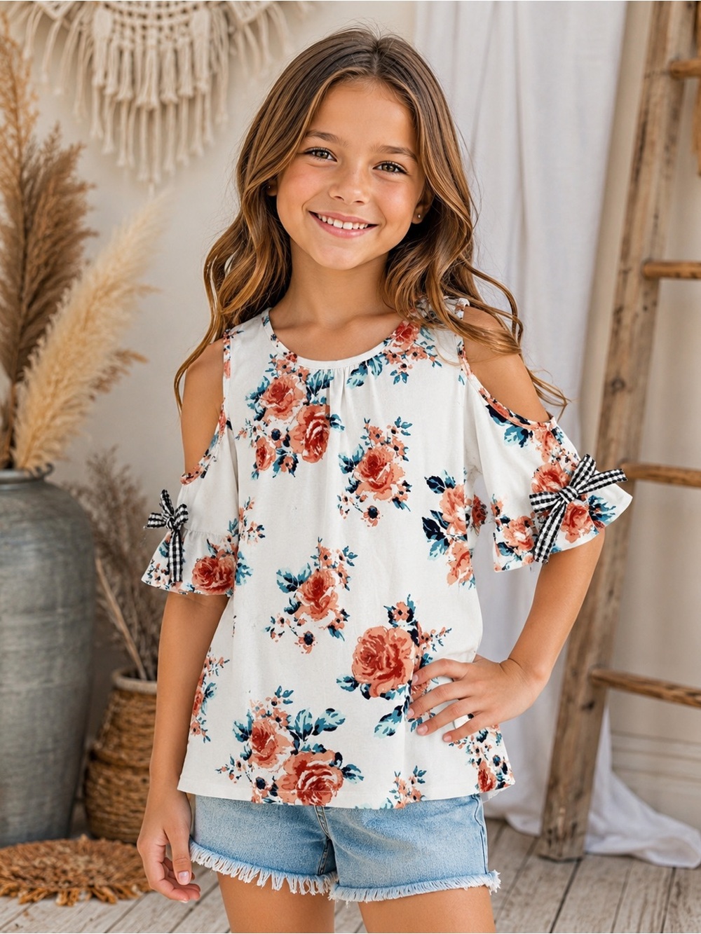 Lily Bleu White Cold-Shoulder Floral Top with Rust-Pink & Teal Accents